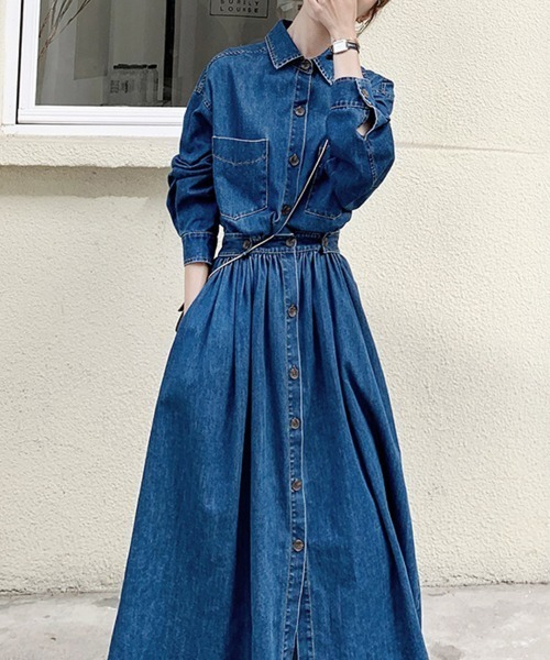 PRIVATE  BEACH（プライベートビーチ）の「ウエストマークデニムシャツロングワンピース（シャツワンピース・レディース・ブルー/ブラック/ダークブルー・L/M）」の6枚目の写真