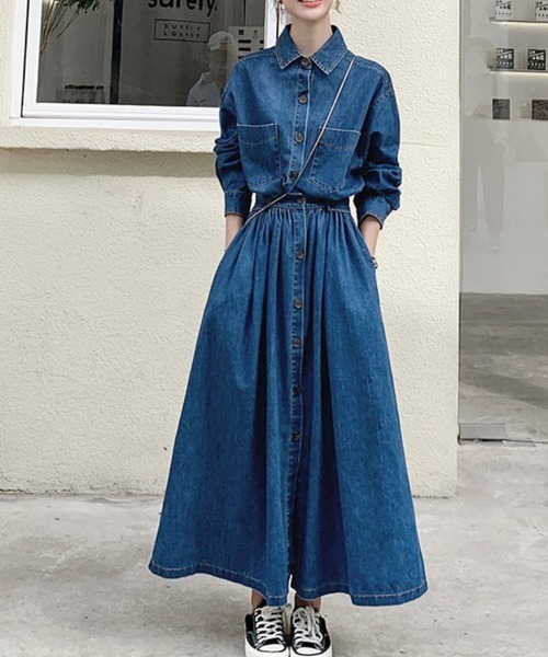 PRIVATE  BEACH（プライベートビーチ）の「ウエストマークデニムシャツロングワンピース（シャツワンピース・レディース・ブルー/ブラック/ダークブルー・L/M）」の7枚目の写真