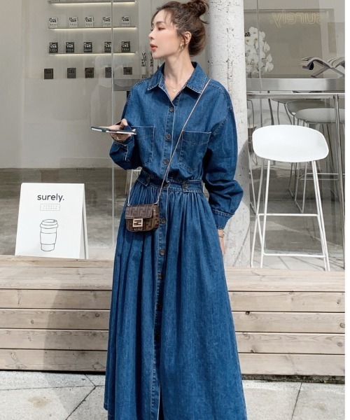 セール】ウエストマークデニムシャツロングワンピース（シャツ