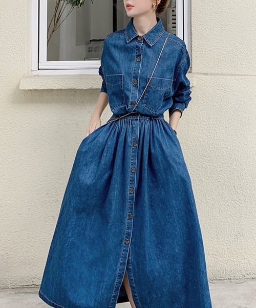 PRIVATE  BEACH（プライベートビーチ）の「ウエストマークデニムシャツロングワンピース（シャツワンピース・レディース・ブルー/ブラック/ダークブルー・L/M）」の9枚目の写真