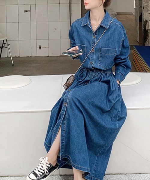 PRIVATE  BEACH（プライベートビーチ）の「ウエストマークデニムシャツロングワンピース（シャツワンピース・レディース・ブルー/ブラック/ダークブルー・L/M）」の10枚目の写真