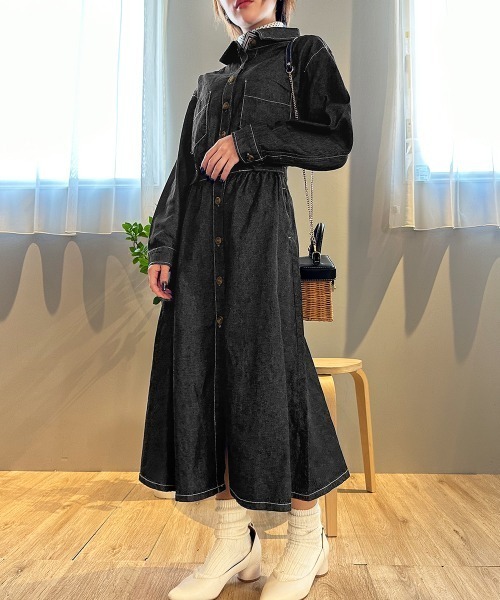 セール】ウエストマークデニムシャツロングワンピース（シャツ