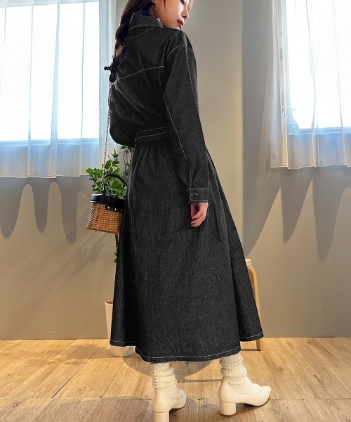 セール】ウエストマークデニムシャツロングワンピース（シャツ
