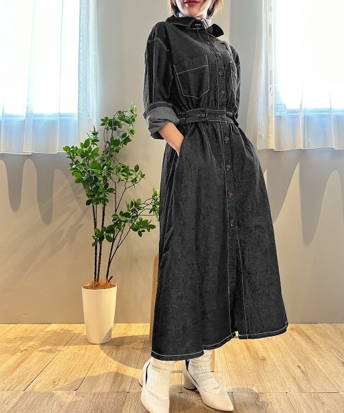 セール】ウエストマークデニムシャツロングワンピース（シャツ