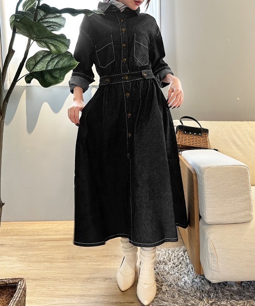 セール】ウエストマークデニムシャツロングワンピース（シャツ