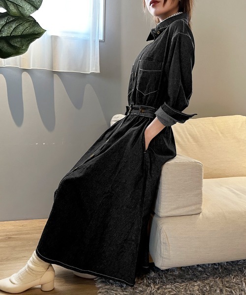 PRIVATE  BEACH（プライベートビーチ）の「ウエストマークデニムシャツロングワンピース（シャツワンピース・レディース・ブルー/ブラック/ダークブルー・L/M）」の18枚目の写真