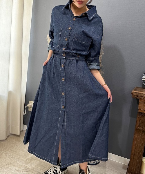 セール】ウエストマークデニムシャツロングワンピース（シャツ