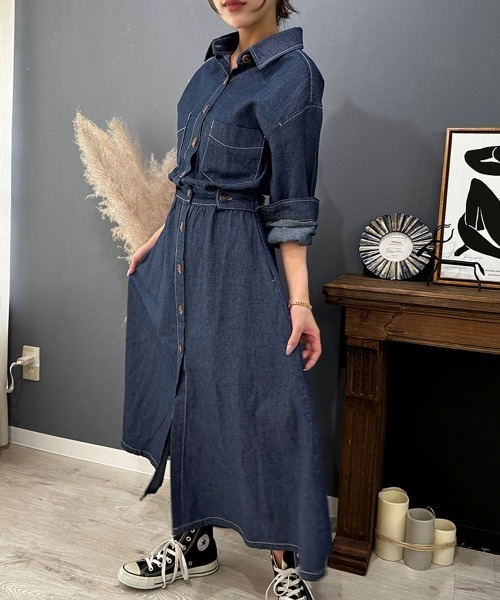 セール】ウエストマークデニムシャツロングワンピース（シャツ