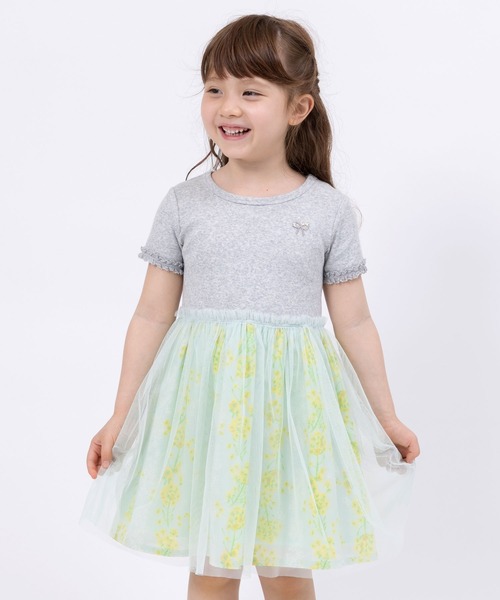 KP（ケーピー）の「スパンテレコと菜の花柄チュールのドッキングワンピース(100～130)（ワンピース・キッズ・杢グレー/イエロー・110cm/100cm/120cm/130cm）」の2枚目の写真