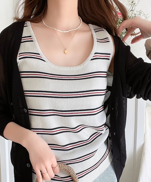 Java（ジャバ）の「《JaVa ジャバコラボ》レトロな雰囲気漂う。 2wayボーダーニットタンク（タンクトップ・レディース・ブラウン/オフホワイト/ブラック/ベージュ/オリーブ・X-LARGE/SMALL/MEDIUM/LARGE）」の3枚目の写真