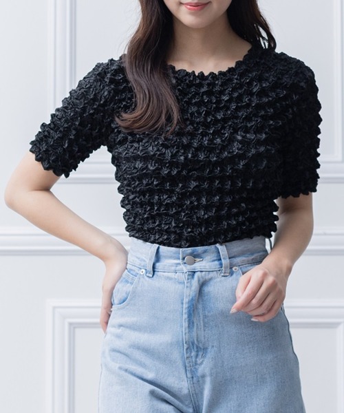 clear（クリア）の「ポップコーン半袖トップス （Tシャツ/カットソー・レディース・グリーン/イエロー/ブラック/サックスブルー/オフホワイト・F）」の3枚目の写真