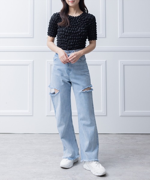 clear（クリア）の「ポップコーン半袖トップス （Tシャツ/カットソー・レディース・グリーン/イエロー/ブラック/サックスブルー/オフホワイト・F）」の18枚目の写真