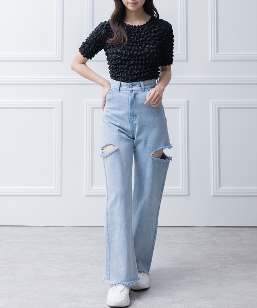 clear（クリア）の「ポップコーン半袖トップス （Tシャツ/カットソー・レディース・グリーン/イエロー/ブラック/サックスブルー/オフホワイト・F）」の19枚目の写真