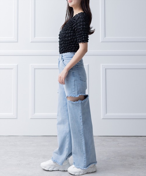 clear（クリア）の「ポップコーン半袖トップス （Tシャツ/カットソー・レディース・グリーン/イエロー/ブラック/サックスブルー/オフホワイト・F）」の20枚目の写真