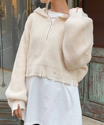 SPINNS | ショート丈 アクリルジップフード ニットパーカー(ニット/セーター)