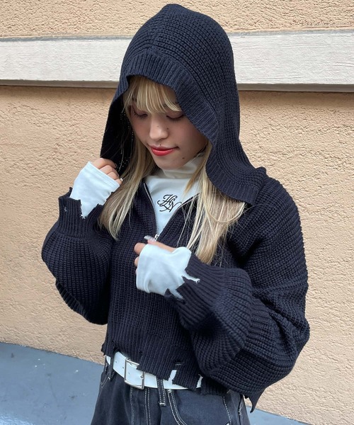 SPINNS（スピンズ）の「ショート丈 アクリルジップフード ニットパーカー（ニット/セーター・レディース・ブラック/アイボリー/ブルー/グリーン・ONESIZE）」の20枚目の写真