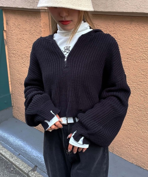 SPINNS（スピンズ）の「ショート丈 アクリルジップフード ニットパーカー（ニット/セーター・レディース・ブラック/アイボリー/ブルー/グリーン・ONESIZE）」の22枚目の写真