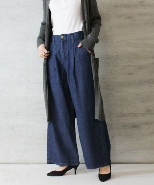 atONE(アットワン)の「atONE ウエストタックハイウエストワイドデニムパンツ(デニムパンツ・レディース・ネイビー/ワンウォッシュ・M/L/3L/LL/4L)」の10枚目の写真