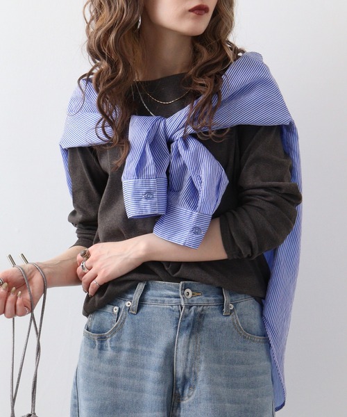 atONE(アットワン)の「atONE コットンフライスボートネックTシャツ 長袖(Tシャツ/カットソー・レディース・杢グレー/ブラック/グレイッシュベージュ/チェリーレッド/ホワイト/チャコールグレー/グレイッシュブルー/ネイビー/カーキ・L/3L/LL/4L/M)」の1枚目の写真