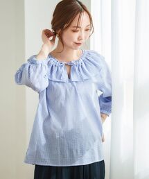 ストライプフリルカラーブラウス