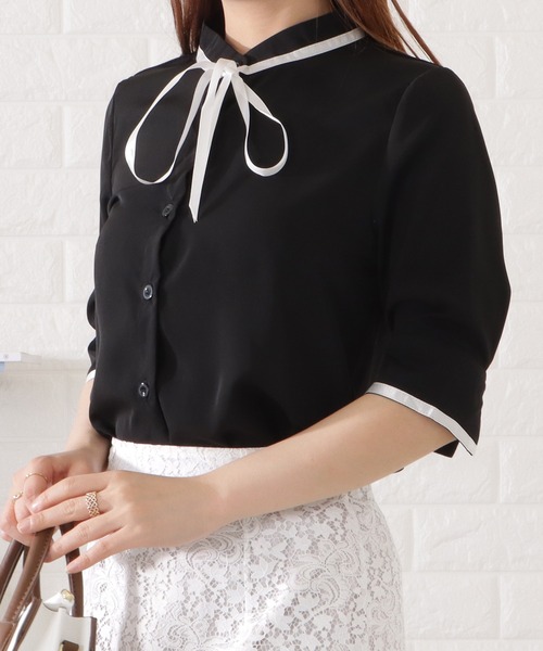 Lace Ladies(レースレディース)の「配色リボン五分袖シフォンブラウス(シャツ/ブラウス・レディース・ブラック/ブルーグレー/ベージュ/ホワイト・S/FREE)」の17枚目の写真