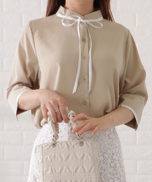 Lace Ladies(レースレディース)の「配色リボン五分袖シフォンブラウス(シャツ/ブラウス・レディース・ブラック/ブルーグレー/ベージュ/ホワイト・S/FREE)」の5枚目の写真