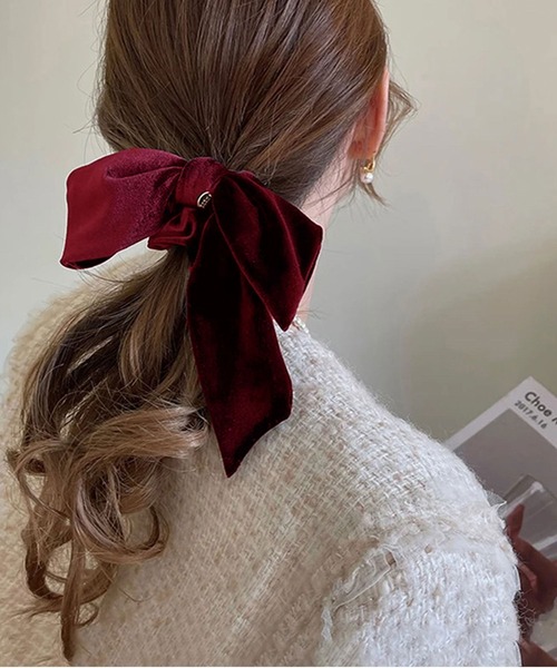 ハンドメイドシュシュM-4060♡ブラウンモカジョーゼット♡刺繍リボン付♡ ハンドメイドシュシュM-4060♡ブラウンモカジョーゼット♡刺繍リボン付