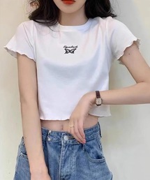 バタフライ刺繍 トップス クロップド丈 チビTシャツ ショート丈