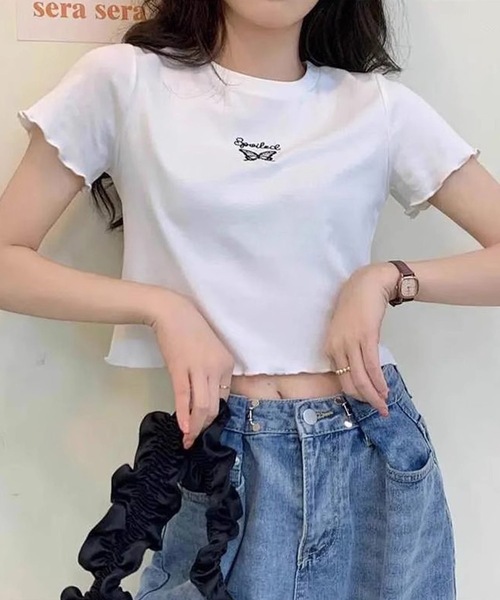 shopnikoniko(ショップニコニコ)の「バタフライ刺繍 トップス クロップド丈 チビTシャツ ショート丈(Tシャツ/カットソー・レディース・ホワイト/パープル/ピンク/ブラック・フリー)」の9枚目の写真