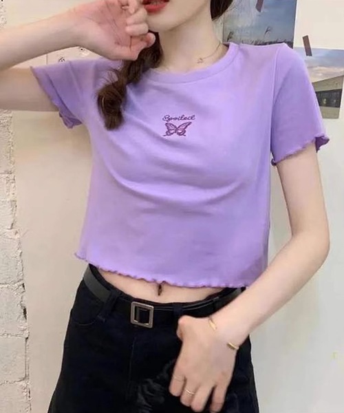 shopnikoniko(ショップニコニコ)の「バタフライ刺繍 トップス クロップド丈 チビTシャツ ショート丈(Tシャツ/カットソー・レディース・ホワイト/パープル/ピンク/ブラック・フリー)」の15枚目の写真