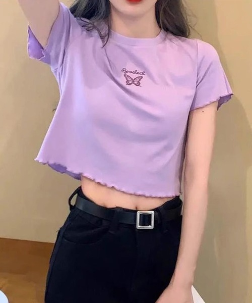 shopnikoniko(ショップニコニコ)の「バタフライ刺繍 トップス クロップド丈 チビTシャツ ショート丈(Tシャツ/カットソー・レディース・ホワイト/パープル/ピンク/ブラック・フリー)」の16枚目の写真