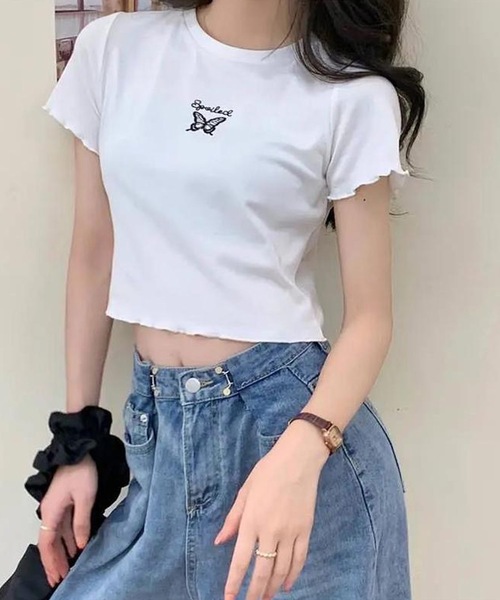shopnikoniko(ショップニコニコ)の「バタフライ刺繍 トップス クロップド丈 チビTシャツ ショート丈(Tシャツ/カットソー・レディース・ホワイト/パープル/ピンク/ブラック・フリー)」の8枚目の写真