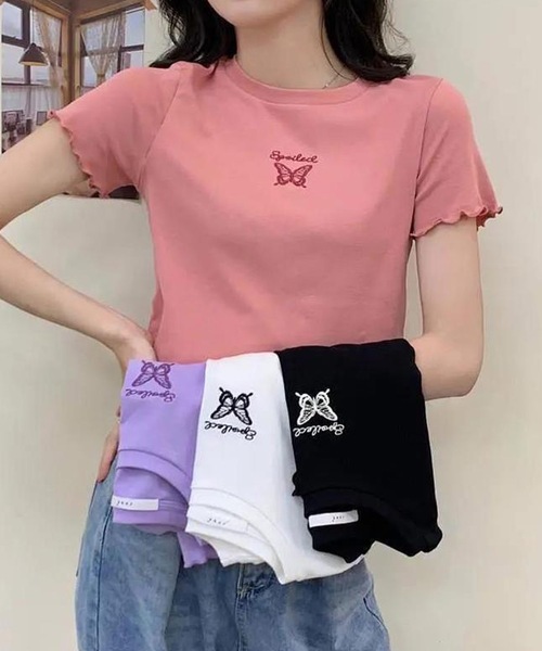 shopnikoniko(ショップニコニコ)の「バタフライ刺繍 トップス クロップド丈 チビTシャツ ショート丈(Tシャツ/カットソー・レディース・ホワイト/パープル/ピンク/ブラック・フリー)」の5枚目の写真