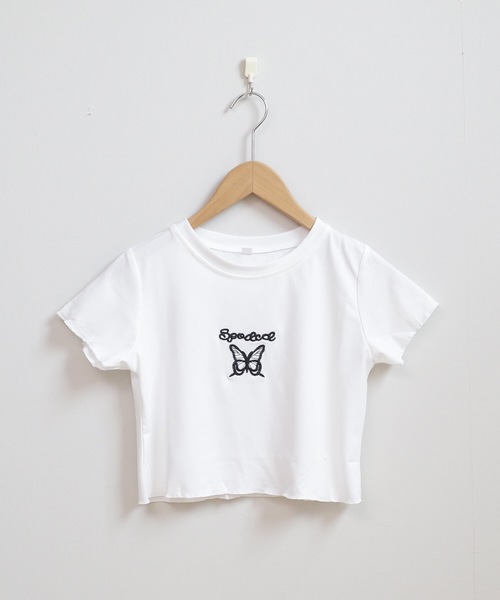 shopnikoniko(ショップニコニコ)の「バタフライ刺繍 トップス クロップド丈 チビTシャツ ショート丈(Tシャツ/カットソー・レディース・ホワイト/パープル/ピンク/ブラック・フリー)」の19枚目の写真