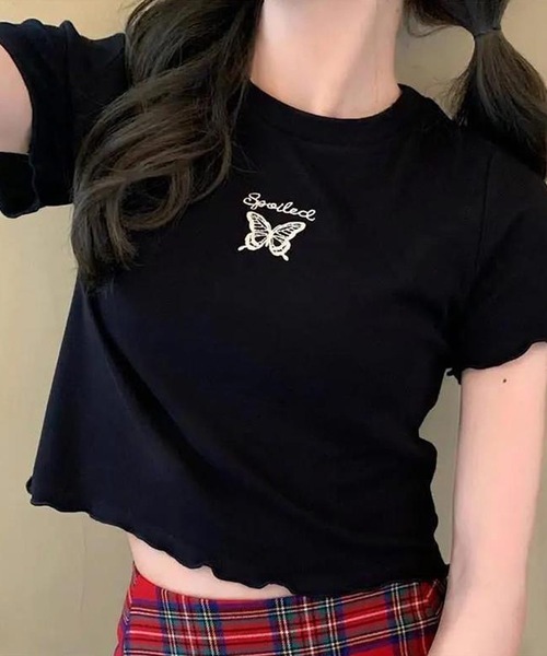 shopnikoniko(ショップニコニコ)の「バタフライ刺繍 トップス クロップド丈 チビTシャツ ショート丈(Tシャツ/カットソー・レディース・ホワイト/パープル/ピンク/ブラック・フリー)」の10枚目の写真