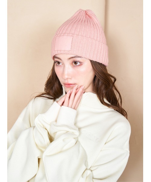 セール】レザーパッチニットビーニー（ニットキャップ/ビーニー