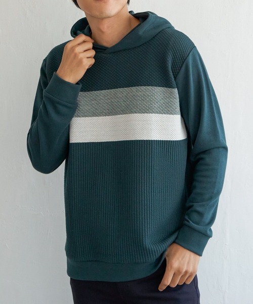 ikka(イッカ)の「ブロックスジャガードパーカー(スウェット・メンズ・ネイビー/グリーン/ホワイト・M/XL/L/S)」の2枚目の写真