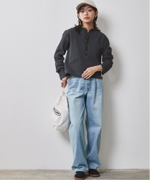 CHIC STYLE(シックスタイル)の「<大きいサイズ>綿100%ワッフルヘンリーネッククロップド丈カットソー シックスタイル(Tシャツ/カットソー・レディース・ネイビー/アイボリー・5L/4L/3L/LL/L)」の8枚目の写真