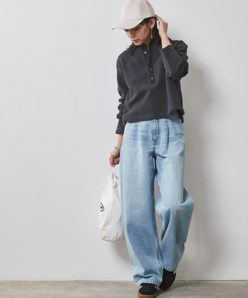 CHIC STYLE(シックスタイル)の「<大きいサイズ>綿100%ワッフルヘンリーネッククロップド丈カットソー シックスタイル(Tシャツ/カットソー・レディース・ネイビー/アイボリー・5L/4L/3L/LL/L)」の7枚目の写真