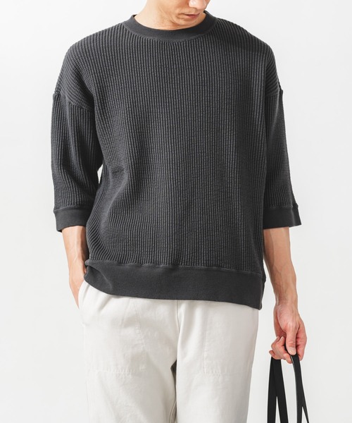 quadro(クオドロ)の「ビッグワッフル6分袖クルーネックプルオーバー(Tシャツ/カットソー・メンズ・キナリ/チャコール/グリーン・MEDIUM/LARGE)」の3枚目の写真