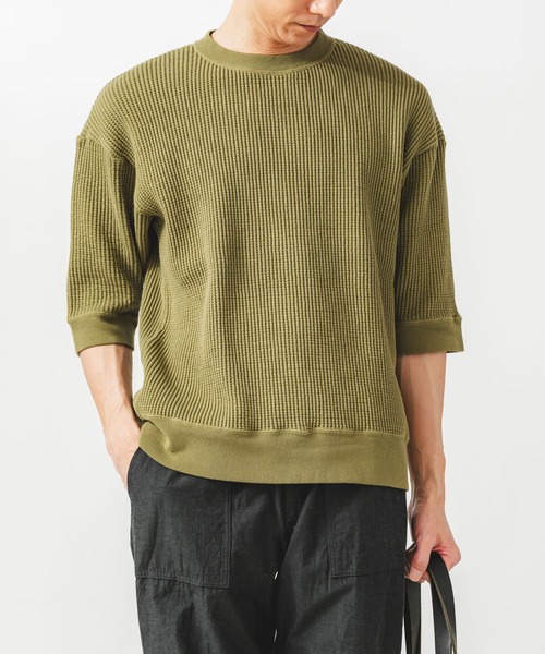 quadro(クオドロ)の「ビッグワッフル6分袖クルーネックプルオーバー(Tシャツ/カットソー・メンズ・キナリ/チャコール/グリーン・MEDIUM/LARGE)」の5枚目の写真