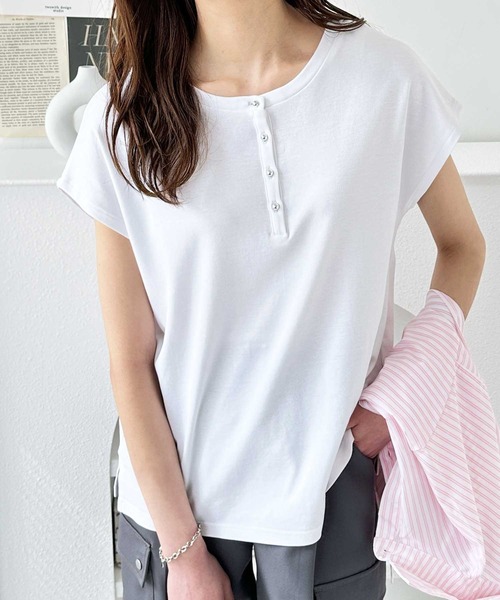 セール】綿100％2wayヘンリーネックメニーボタンTシャツ（T