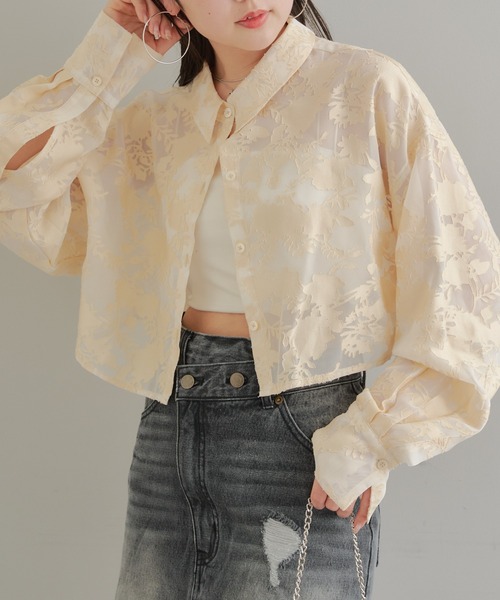 新品 シアーフラワー ショート シャツ ブラウス ブラック ピンク 花柄 新品 シアーフラワー ショート シャツ ブラウス ブラック ピンク