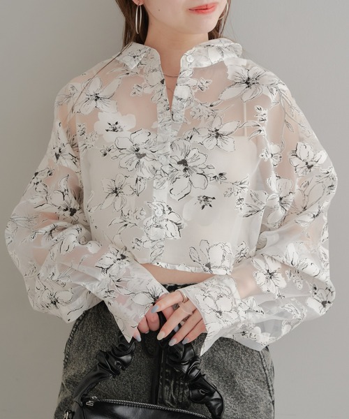 新品 シアーフラワー ショート シャツ ブラウス ブラック ピンク 花柄 新品 シアーフラワー ショート シャツ ブラウス ブラック ピンク