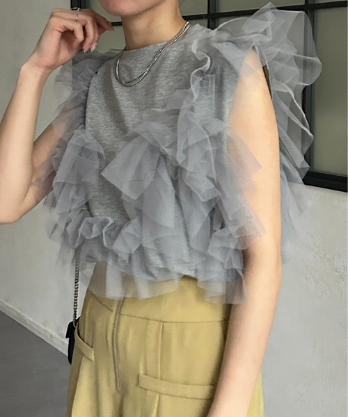 Thevon(ゼボン)の「チュールビスチェドッキングノースリプルオーバー(Tシャツ/カットソー・レディース・ブラック/グレー/オフホワイト/ブルー・FREE)」の4枚目の写真