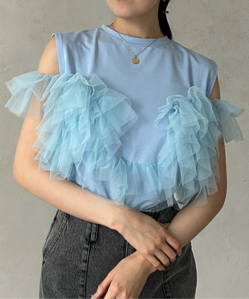 Thevon(ゼボン)の「チュールビスチェドッキングノースリプルオーバー(Tシャツ/カットソー・レディース・ブラック/グレー/オフホワイト/ブルー・FREE)」の1枚目の写真