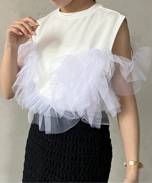 Thevon(ゼボン)の「チュールビスチェドッキングノースリプルオーバー(Tシャツ/カットソー・レディース・ブラック/グレー/オフホワイト/ブルー・FREE)」の6枚目の写真