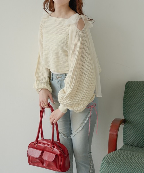 Ambre Neige(アンブルネージュ)の「2wayスカシアミリボンニット(ニット/セーター・レディース・ライトブルー/ライトパープル/アイボリー/チャコールグレー/ピンク/ライトグリーン・FREE)」の7枚目の写真