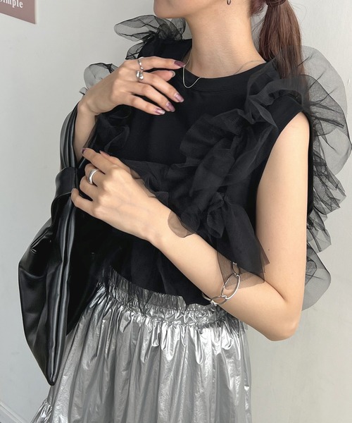 Futier land(フューティアランド)の「マルチwayチュールドッキングプルオーバー(Tシャツ/カットソー・レディース・オフホワイト/杢グレー/ブラック・FREE)」の6枚目の写真