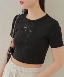 Chico | 【2サイズ/4色展開】レース切替リボンチビT(Tシャツ/カットソー)